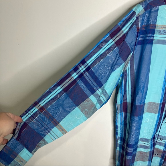 Bugatchi long sleeve button down shirt blue plaid paisley print classic fit XL - Picture 5 of 9